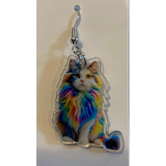 Earrings Rainbow Calico Cat Dangle Whimsical Drop Statement Jewelry Unique Kitty - Picture 3 of 6